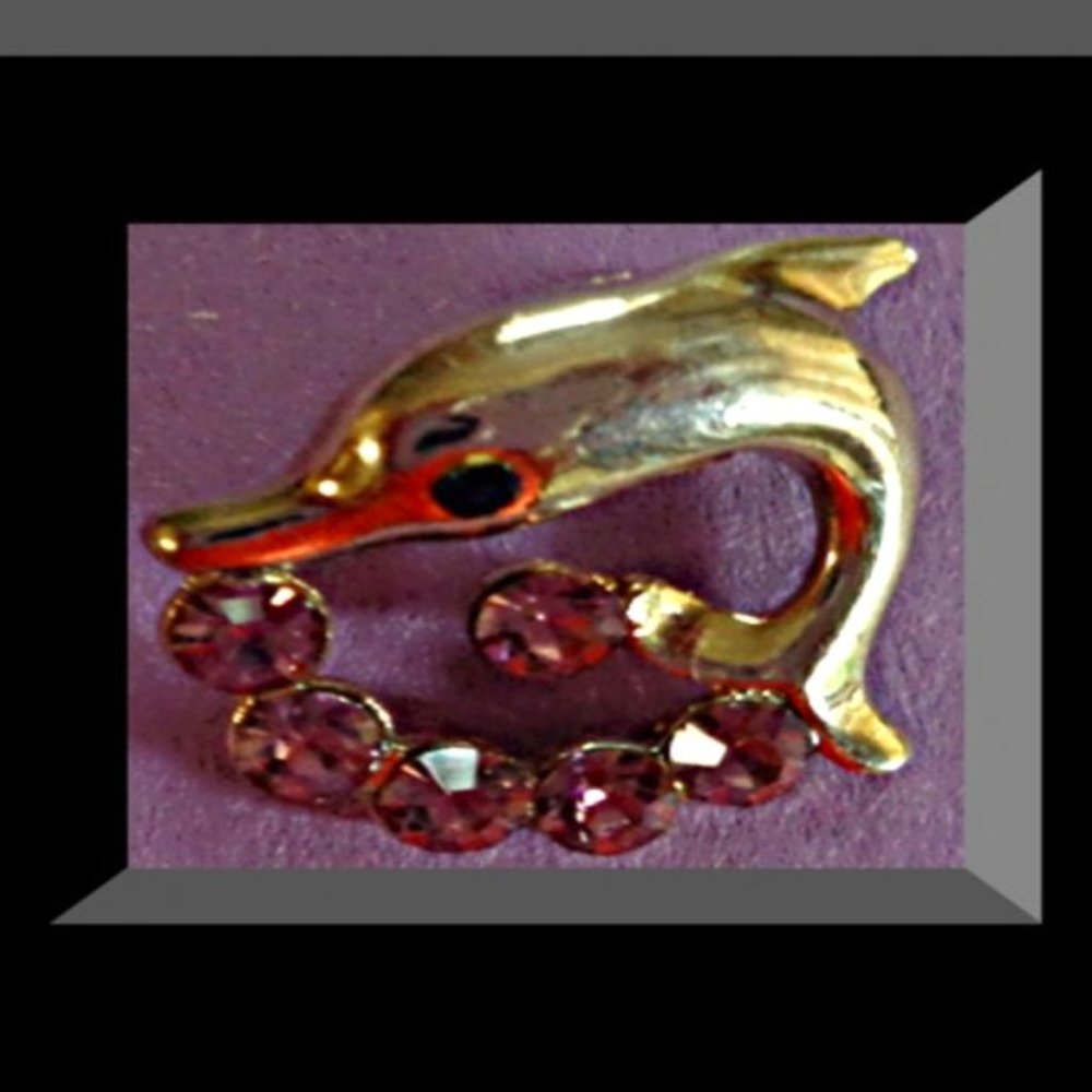 Gold Tone Dolphin Design Brooch With Purple & Black Crystals For Women